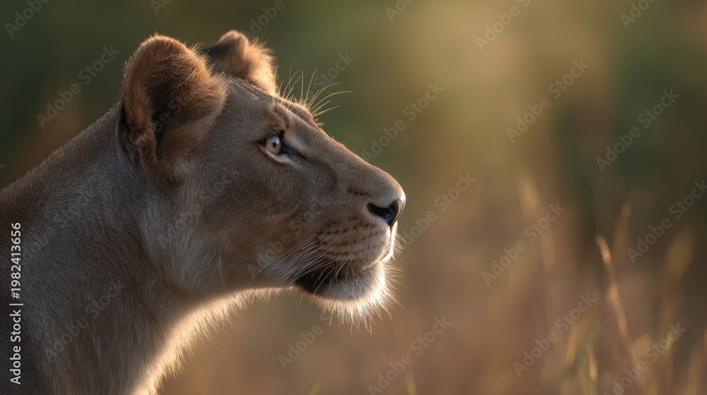 Obraz premium A lioness in profile, bathed in golden light, gazing with focused intensity