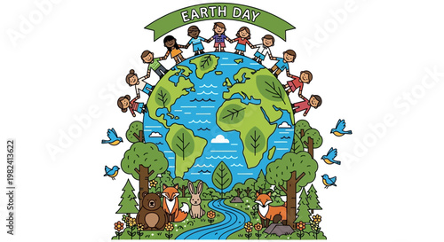 Earth Day celebration with diverse children holding hands around the globe, promoting environmental awareness and unity