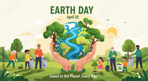 Global Community Action for Earth Day April 22 People Engage in Environmental Cleanup and Tree Planting, Emphasizing 'Invest In Our Planet. Every Day