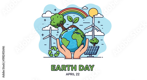 Earth Day Concept Illustration Showcasing Global Environmental Protection Efforts with Human Hands Embracing the Planet, Green Energy and April 22 Date