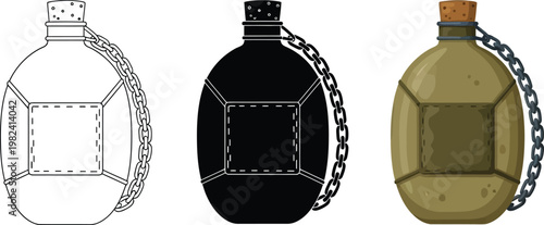 Collection of vintage canteen icons military water bottle designs for outdoor adventure and survival themes isolated on white