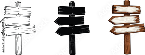 Collection of wooden signpost icons directional arrows and blank signs for navigation and choice isolated on white