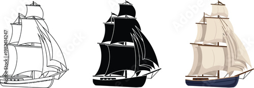 Collection of sailing ship illustrations silhouette and outline designs for maritime themes isolated on white
