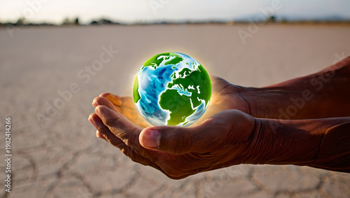 Gnarled Hands Holding an Illuminated Green Earth Globe