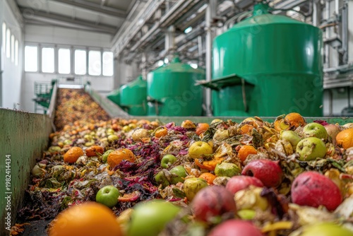 A close-up view showcases a large quantity of food waste being processed at an industrial facility.