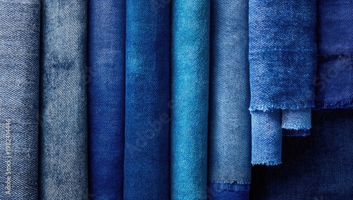 A collection of denim fabrics in various shades of blue are neatly stacked, showcasing a range of textures and tones.