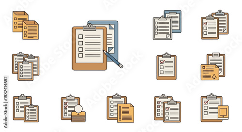 Collection of clipboard icons with documents.