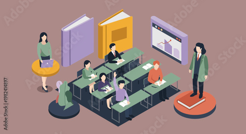 Isometric Classroom Illustration with Students and Teacher