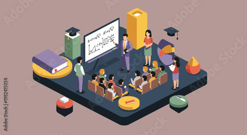 Isometric Classroom Lecture with Professor and Students Learning