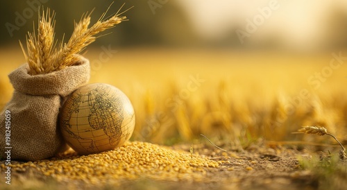A burlap sack filled with wheat stalks rests beside a globe, symbolizing global agriculture and harvest.
