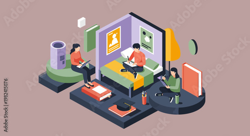 Isometric students studying and being creative in a college dorm room