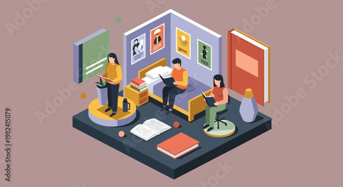 Isometric Illustration of Students Reading Books in a Dorm Room