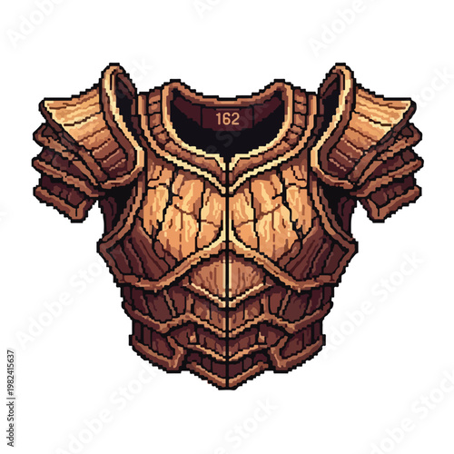 An intricate, bronze-colored fantasy breastplate with a layered, scale-like design and large, ornate shoulder guards in a pixel art style.