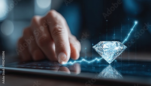 A close-up shot depicts a hand interacting with a digital tablet displaying a sparkling diamond and a rising graph, symbolizing investment and luxury.