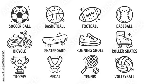 Soccer ball icons featuring various sports equipment like a trophy and medal in a cartoon doodle style