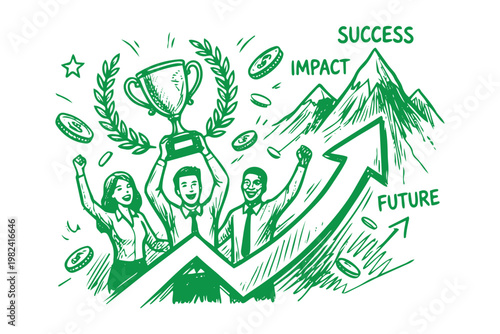 Business people cheering with a trophy and a large upward arrow signifying growth and future success