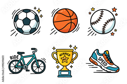 Sports equipment graphic featuring a soccer ball basketball baseball bicycle winner trophy and a running shoe