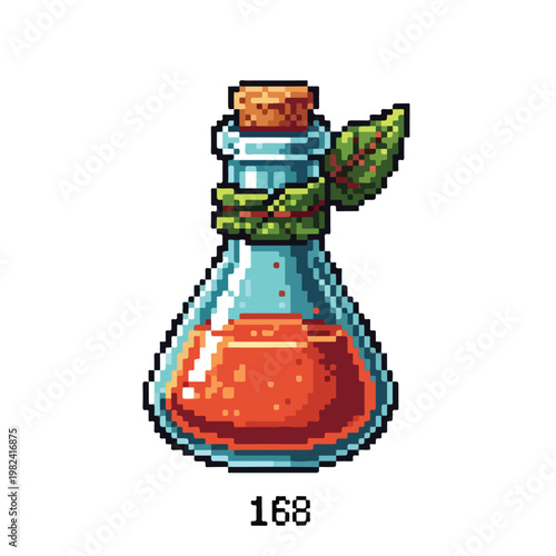 A detailed pixel art illustration of a glass potion bottle containing an orange liquid, adorned with a green leaf and labeled with the number 168.