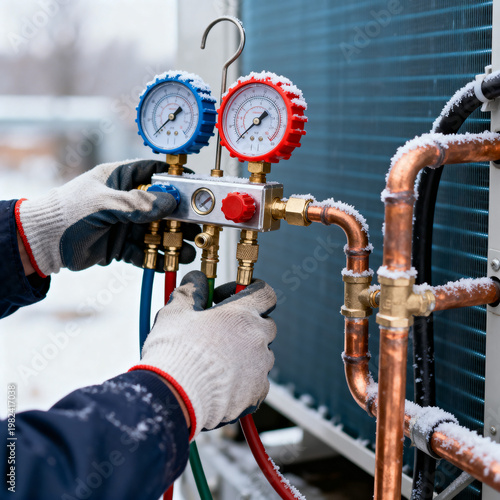 HVAC technician servicing heat pump system with manifold gauges, low-GWP refrigerant transition concept