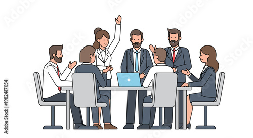 A diverse group of business professionals collaborating and discussing ideas around a conference table during a meeting, with one participant raising a hand.