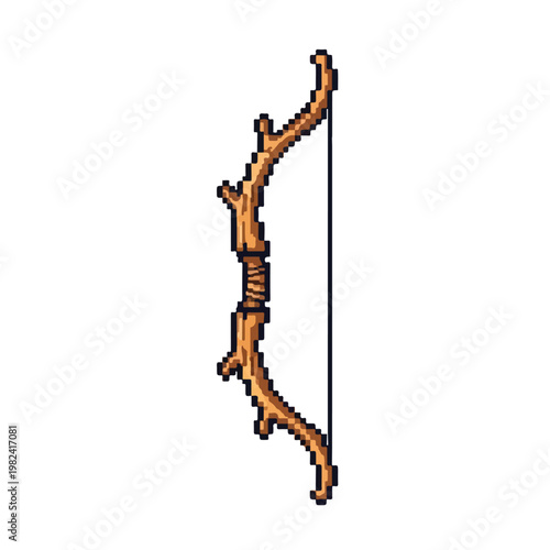 This is a pixel art illustration of a rustic wooden bow made from a curved tree branch, featuring a simple black string on a white background.