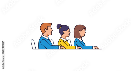 Three diverse individuals, two men and one woman, sitting in a row, attentively listening or participating in a meeting, conference, or educational setting, depicted in a minimalist line 