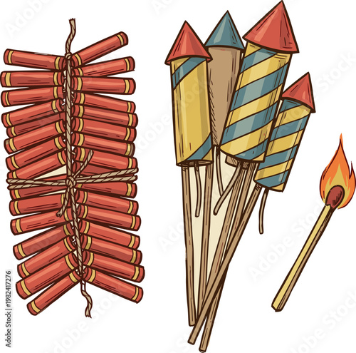 Bundle of firecrackers and rockets with a lit match