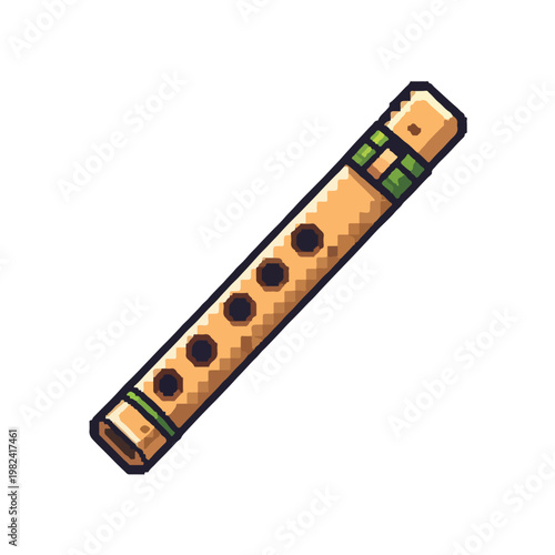 A pixel art illustration of a wooden flute, featuring dark circular holes and green decorative bands, set against a plain white background.