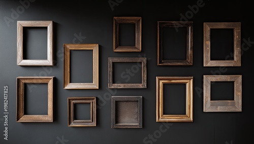 A collection of diverse wooden and antique picture frames are artfully arranged on a dark gray wall, creating a gallery-like display.