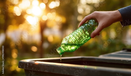 A hand is shown placing a translucent green plastic water bottle into a recycling bin outdoors, bathed in warm sunlight.