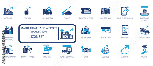 Seamless smart travel and airport navigation icon set, depicting modern air transportation, global journeys, and efficient passenger services for digital interfaces