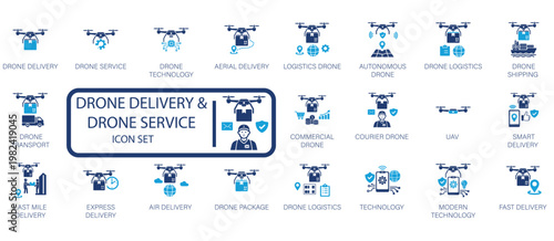 Extensive vector icon collection of modern drone technology for delivery, logistics, and service, representing aerial transport and autonomous operations