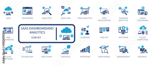 SaaS Dashboard and Analytics Icon Set Visualizing Data, Business Intelligence, Cloud Computing, and UI Design Elements for Digital Platforms