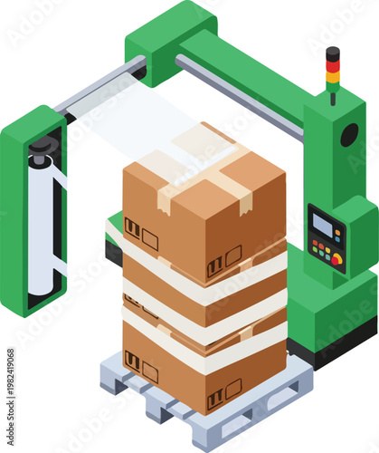 Isometric Green Automated Pallet Wrapper Securing Stretch Film Around Stacked Boxes Vector