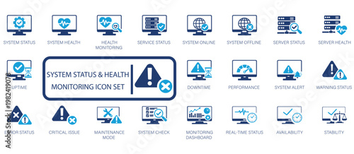 System Monitoring Icons Set Illustrating Uptime, Health, Service, Performance, Alerts, and Stability in Technology and Business Operations