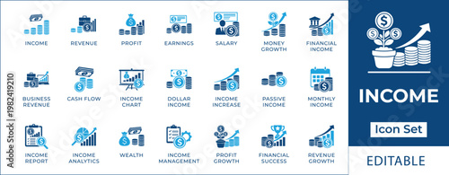 Editable Icon Set Featuring Various Financial and Income Concepts, Including Growth, Analytics, and Management for Business and Economic Presentations