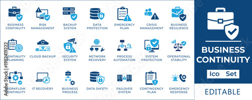 Comprehensive collection of digital icons illustrating robust strategies for organizational resilience, data management, and operational stability to ensure seamless enterprise continuity