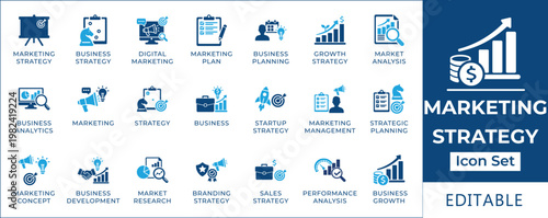 Editable marketing strategy icon set a collection of vector graphics for business planning, growth, and analysis, perfect for digital and traditional marketing campaigns