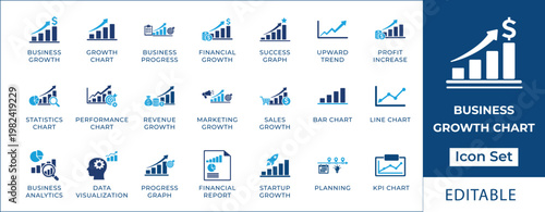 Essential vector icon set for business growth, financial analysis, and market trends, featuring diverse charts and graphs for data visualization and performance