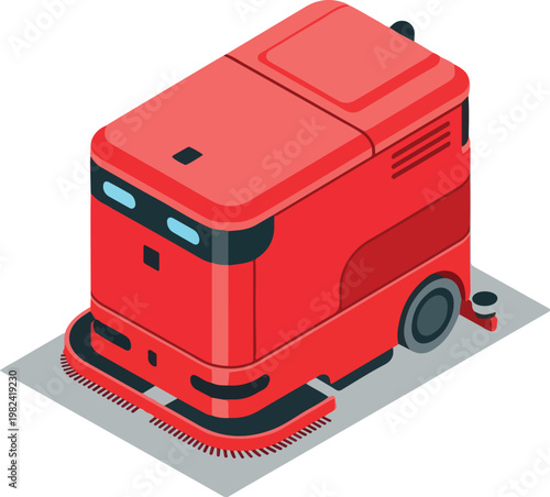 Isometric Red Autonomous Floor Scrubber Robot Cleaning Warehouse Floor Vector