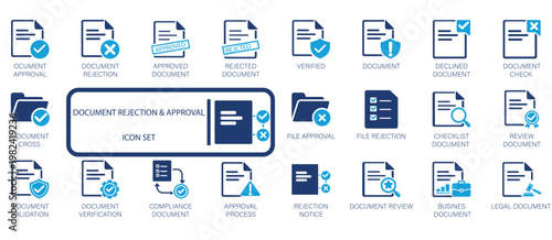 Streamlined vector icon set for document approval and rejection. Features symbols for verification, review, and compliance, enhancing business administration and digital workflows