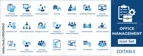 Modern vector concept icons for business management and office administration, illustrating strategic planning, workflows, human resources, and project productivity