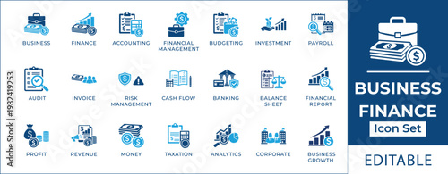 Business Finance Icon Set A Comprehensive Collection of Editable Financial Icons for Various Business and Accounting Needs