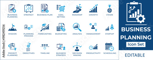 Comprehensive Business Planning and Strategy Icon Set for Planning, Growth, and Management Strategies