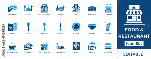 Comprehensive Vector Icon Set for Food Service and Restaurant Businesses - Modern Glyphs for Dining, Cafe, and Kitchen Operations
