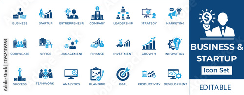 Collection of Editable Business and Startup Icons, featuring concepts such as Growth, Planning, Strategy, and Innovation, presented in a clean, modern style