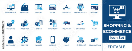 A comprehensive collection of conceptual vector icons illustrating essential elements of online shopping, e-commerce, digital retail, payment, and logistics