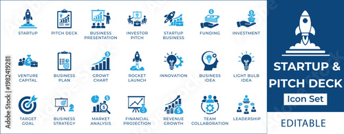 Modern vector icons for startup development, business planning, pitch deck creation. Concepts include funding, innovation, market analysis, strategy, and team collaboration