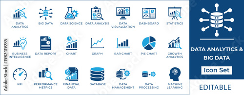 Data Analytics and Big Data Icon Set Visualizing Information, Statistics, and Business Intelligence for Digital Insights