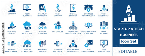 Startup and Tech Business Icon Set for Digital Innovation and Entrepreneurship, Editable Vector Graphics